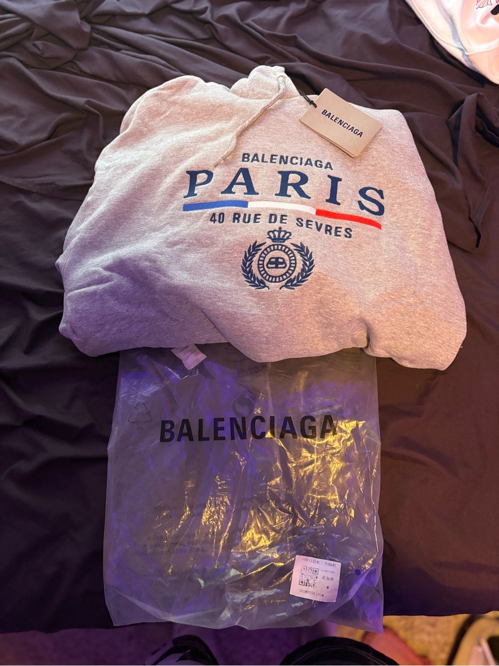 Balenciaga Grey Kids Hoodie with Blue and Red Paris Graphic